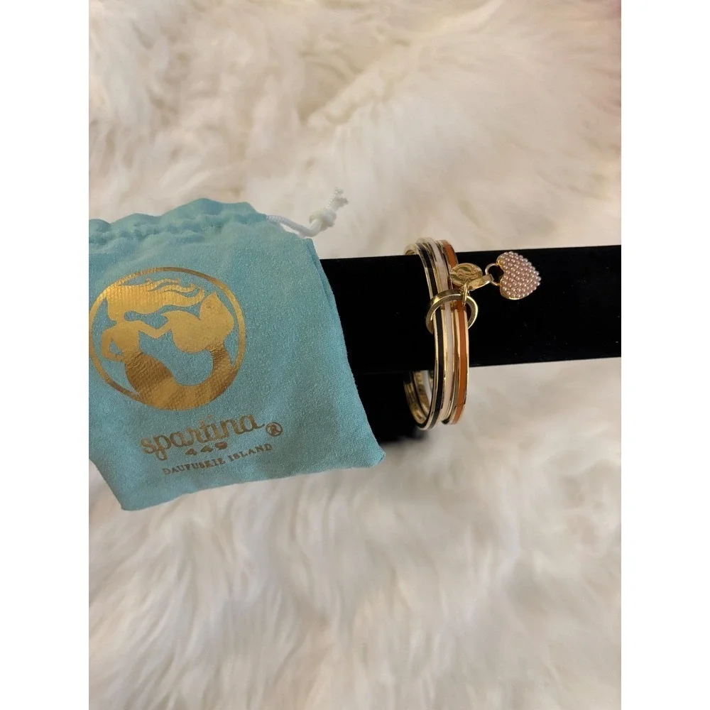Spartina 449 Enamel Bangle Bracelet Set | 3 Stack Bangles + Pearl Heart Charm